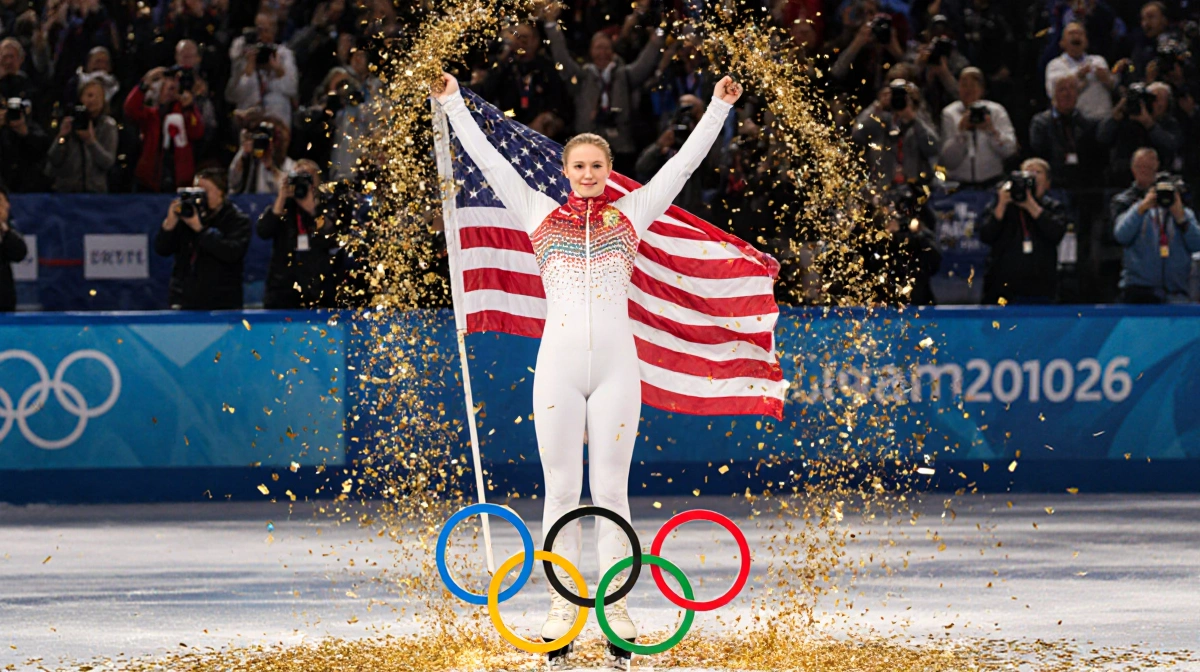 Ilia Malinin celebrates victory on Olympic podium with American flag waving and confetti falling