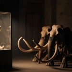 Ancient mammoth fossils glow in museum exhibit with dusty glass cases and stone walls behind