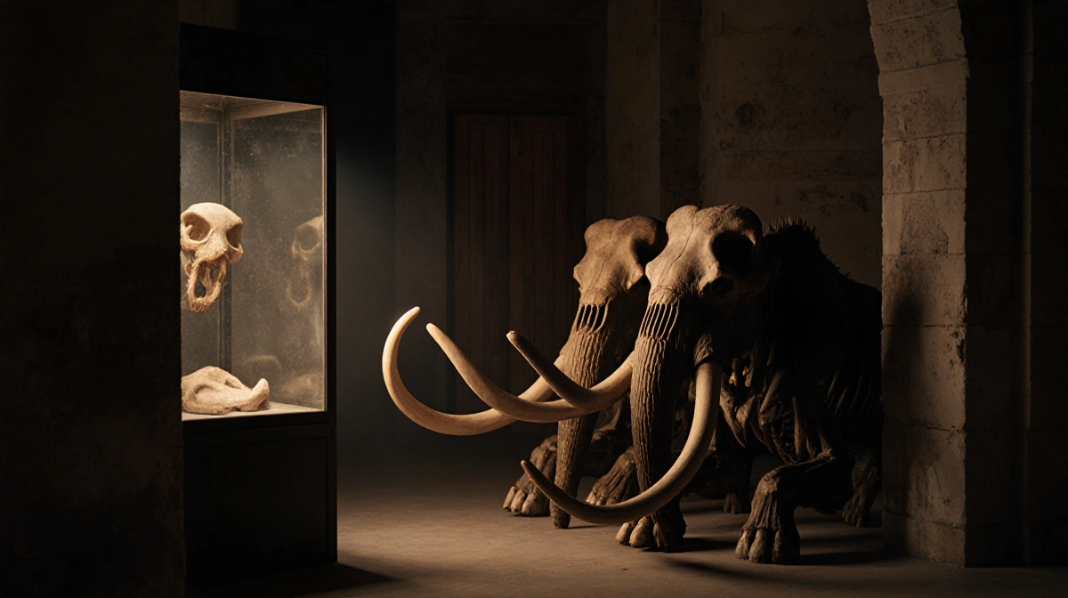 Ancient mammoth fossils glow in museum exhibit with dusty glass cases and stone walls behind