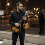 Man standing outside music shop holding two mandolins with a sheepish look near a handwritten apology note and chocolate