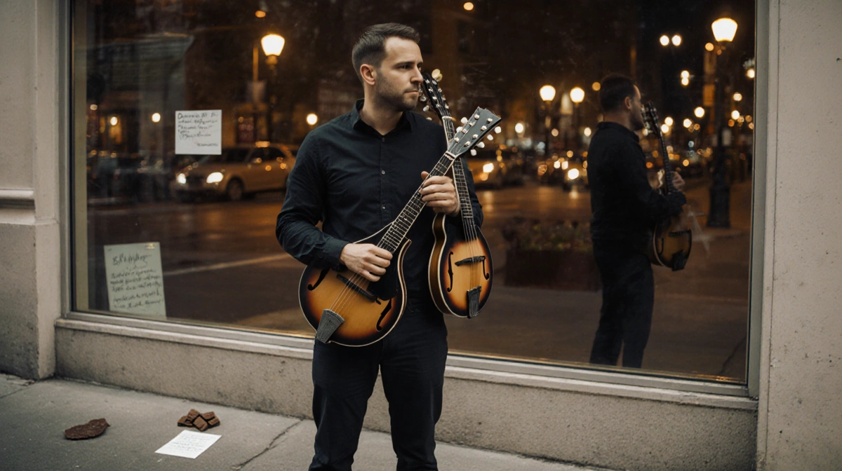 Man standing outside music shop holding two mandolins with a sheepish look near a handwritten apology note and chocolate