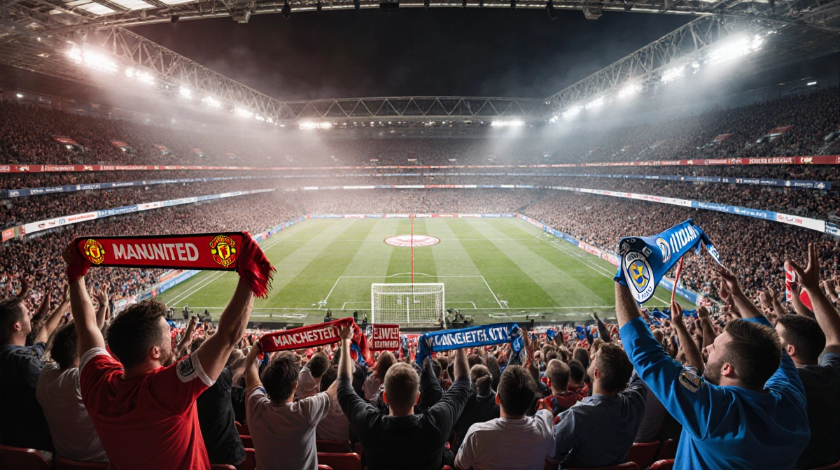 Manchester United and City fans cheering with red and blue scarves waving under bright stadium lights with misty pitch below