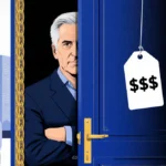 Marc Andreessen stands confidently behind ornate door with price tag showing economic policy and affordability concerns