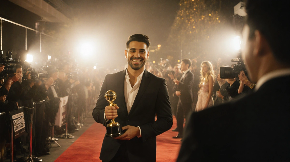 Marcello Hernández walks the red carpet holding an award by paparazzi flash and Bowen Yang watches