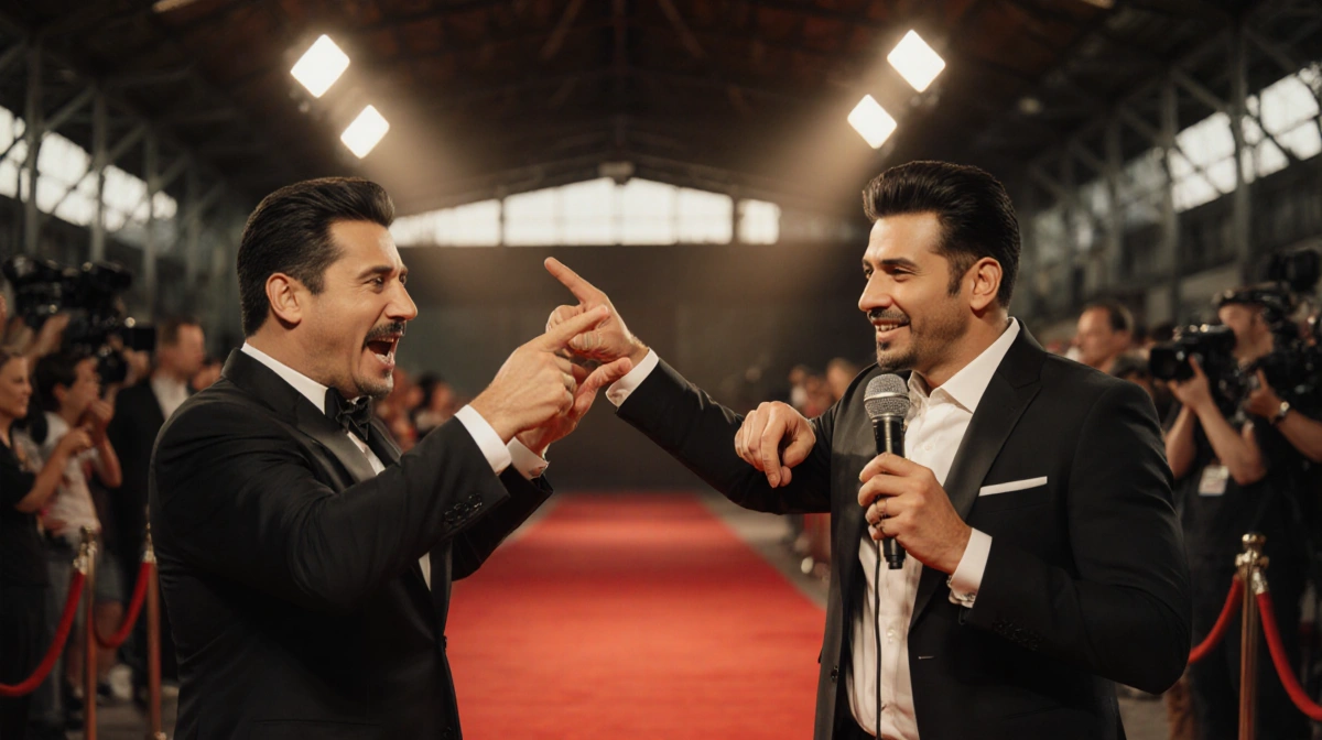 Marcello Hernández points to himself with a microphone under bright spotlights on a red carpet at The Barker Hangar.