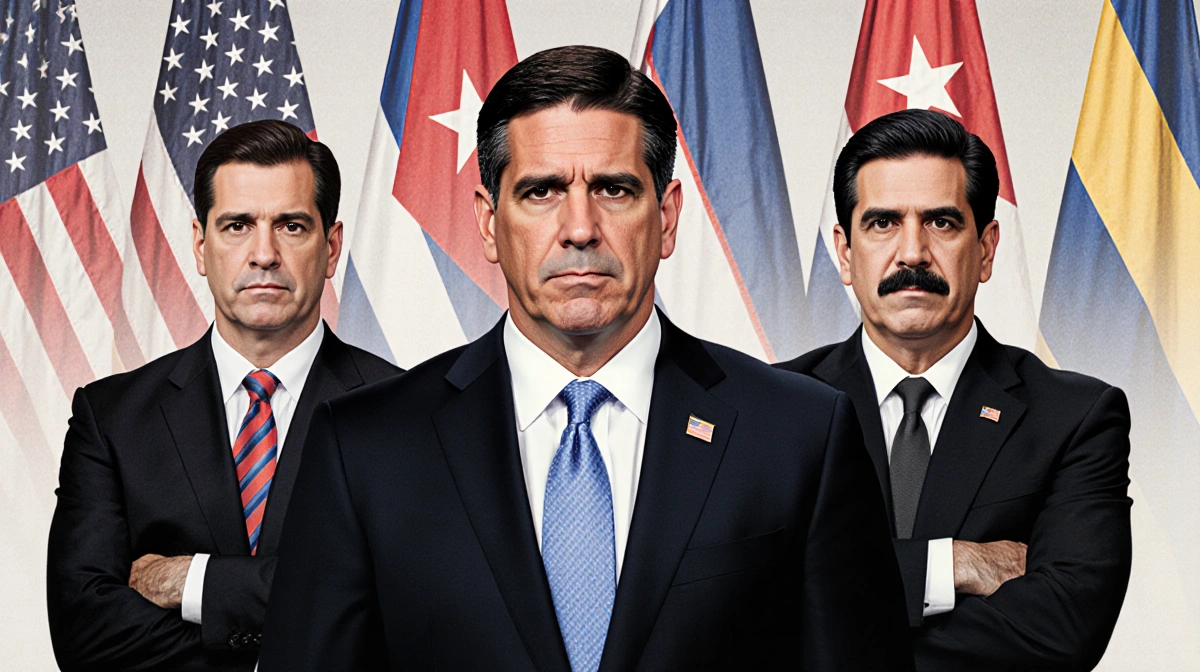 Marco Rubio standing with Cuban flags backdrop while two Cuban officials flank Maduro with arms crossed.