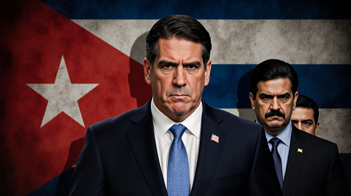Marco Rubio standing sternly with bodyguards protecting Nicolás Maduro and subtle Cuban flag in backdrop