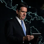 Marco Rubio holding a tablet with a Venezuela map and oil pipeline grid and a faint flag showing sanctions stance