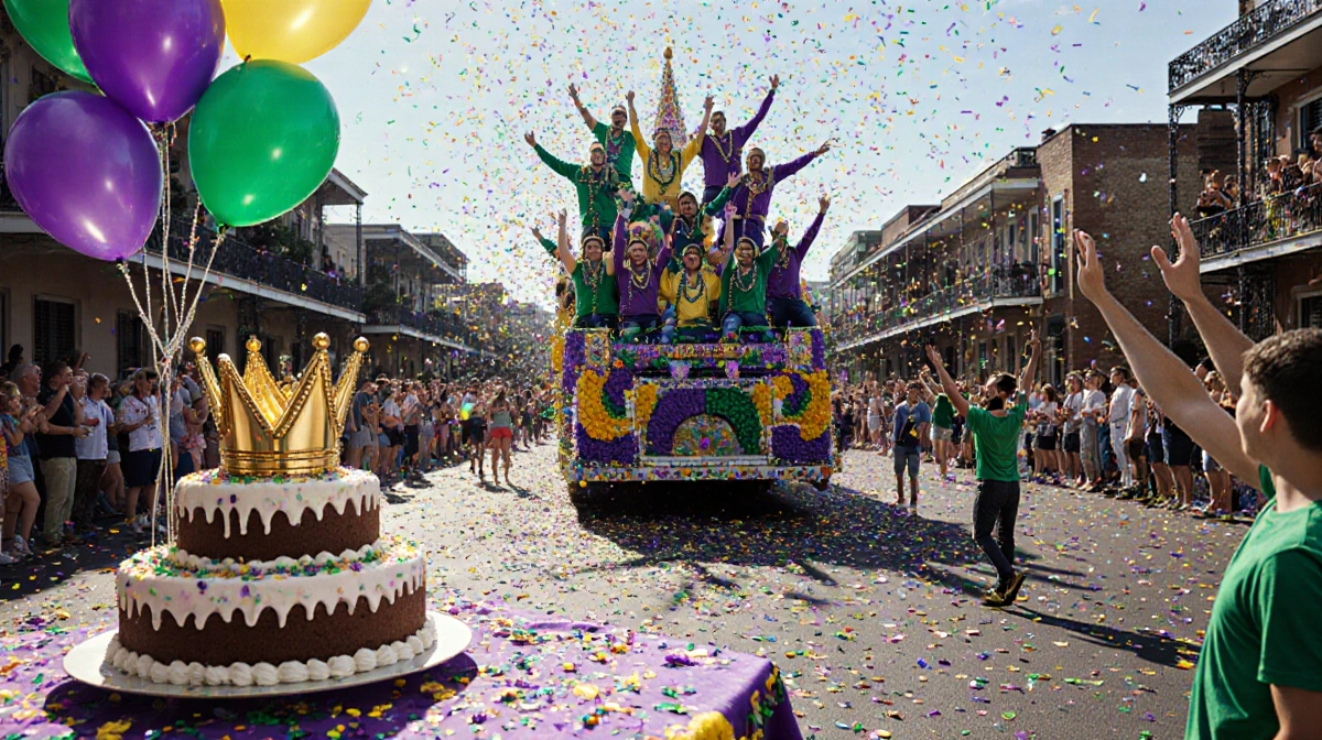 Mardi Gras revelers throwing confetti with a giant king cake and parade float