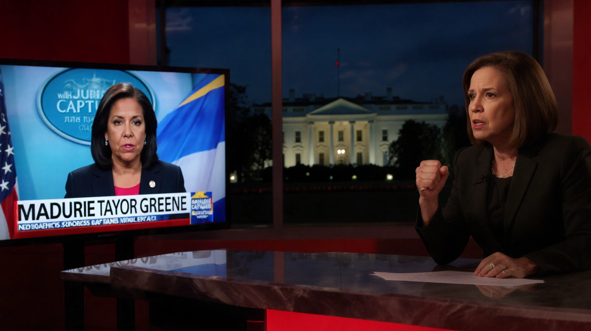 Rep. Marjorie Taylor Greene speaking at desk with TV screen showing Maduro Capture graphic and White House in background
