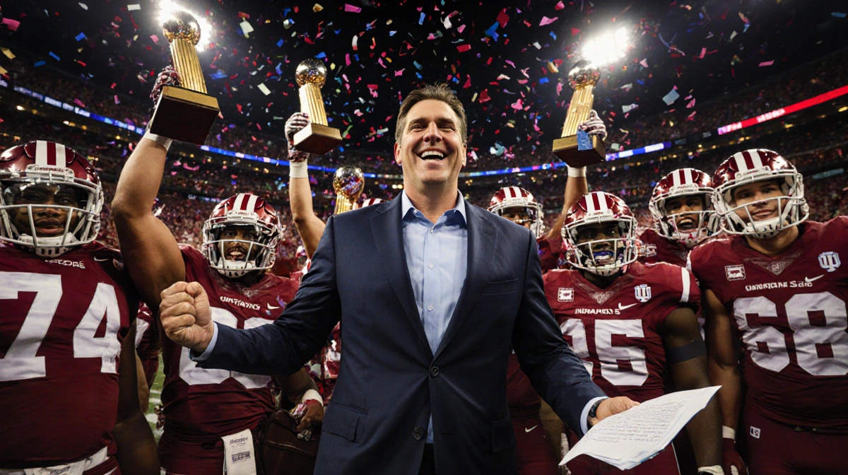 Mark Cuban celebrating with Indiana University football team holding championship trophies with stadium lights shining and bu