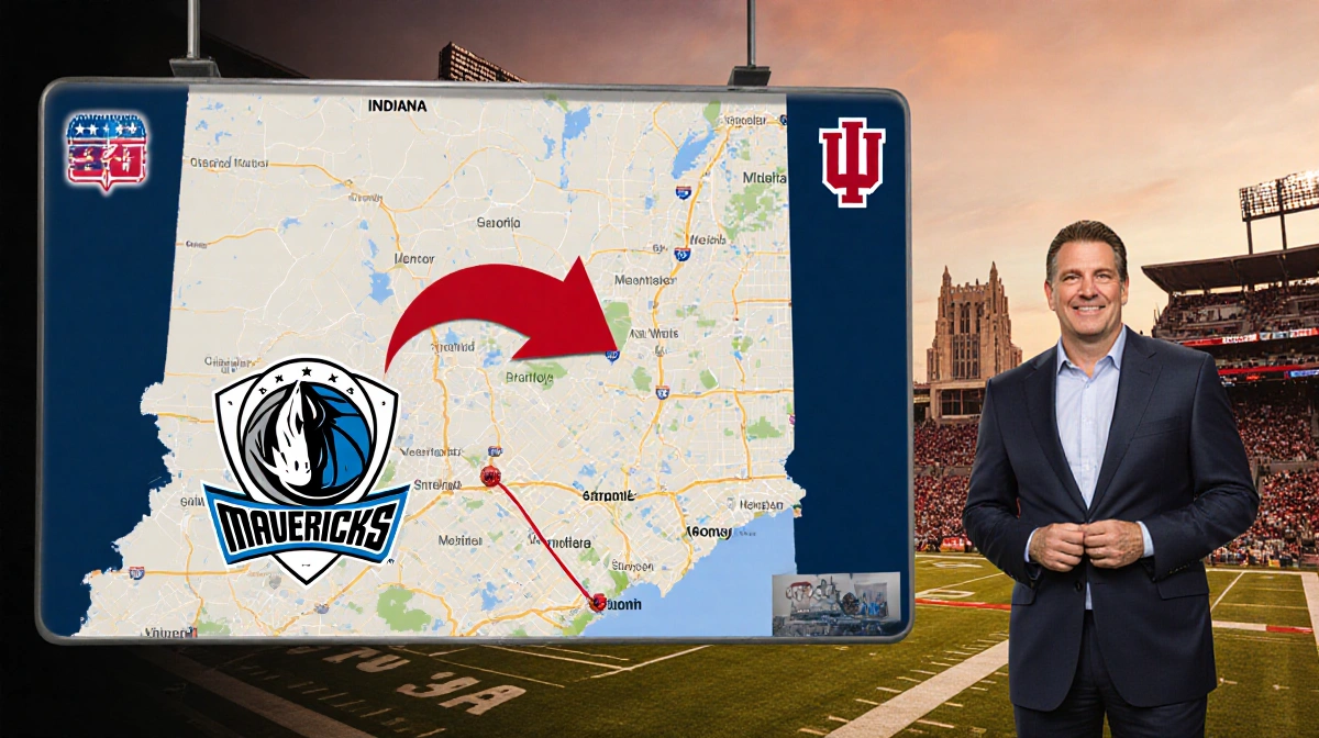 Mark Cuban stands by Indiana map with red arrow pointing to IU campus and Memorial Stadium visible behind