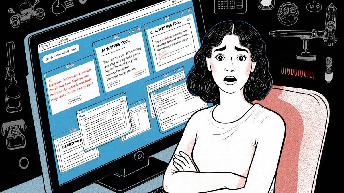 Martina Radwan sits at computer with AI writing tools on screen and arms crossed showing skepticism