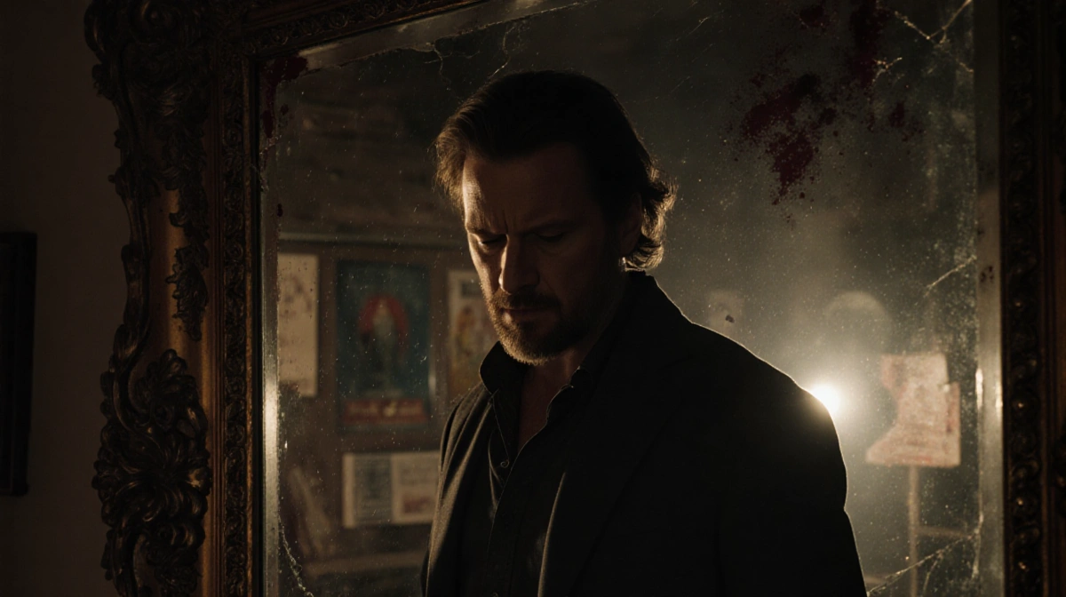 Marty Supreme stands before cracked mirror with bloodstains and film set visible behind him