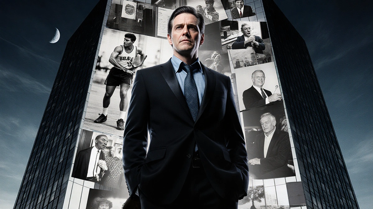 Marty Supreme stands before a modern office building with a collage of photos showing his transformation from athlete to busi