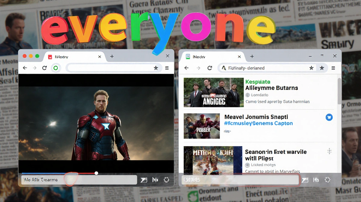 Split screen shows Marvel movie clip playing alongside meme generator with everyone returns text above and viral headlines be
