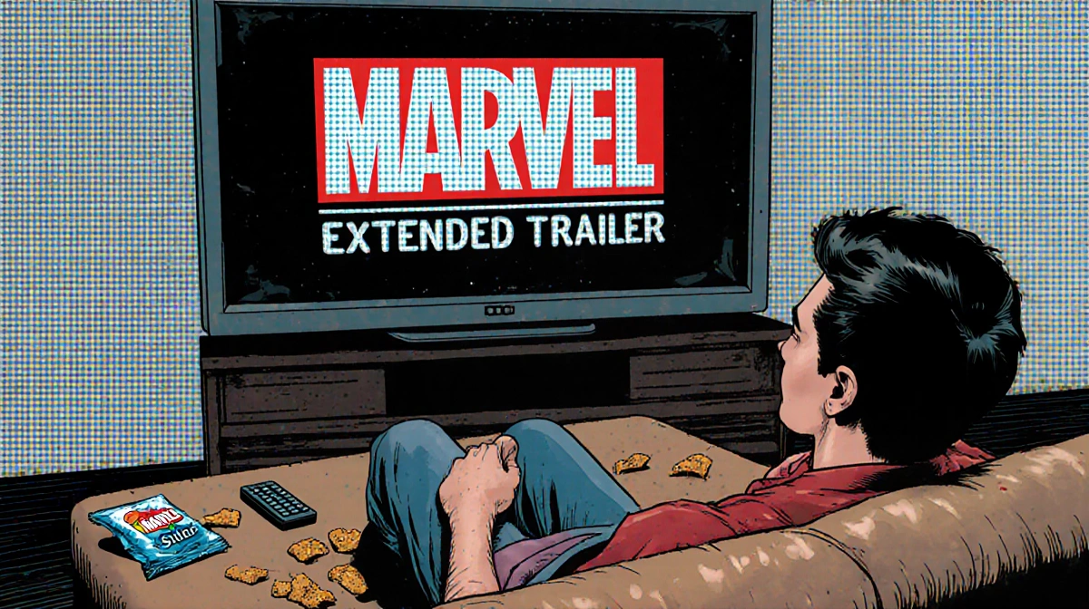 Tired viewer slouches on couch watching Marvel show with empty snack packets and remotes scattered nearby