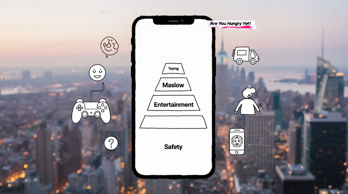 Minimalist phone screen shows Maslow's hierarchy with social app icons and cityscape background