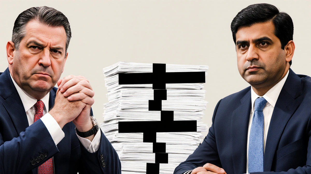 Two lawmakers clasp hands with stacks of redacted documents between them showing bipartisan unity