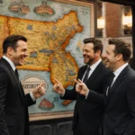 Matt Damon, Ben Affleck and Jimmy Fallon pointing at Massachusetts map with colorful Fenway Park and lighthouse illustrations