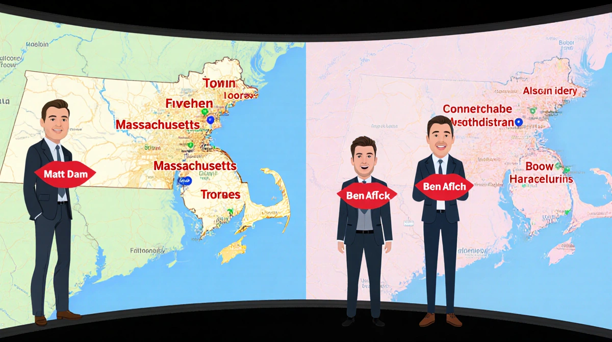 Matt Damon Ben Affleck and Jimmy Fallon stand with Massachusetts map showing highlighted towns and fast-moving text overlays