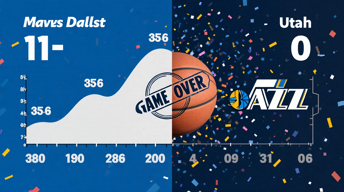 Split-screen basketball graphic showing Mavericks' 17-6 first quarter surge with scoreboard displaying 21-0 lead and confetti