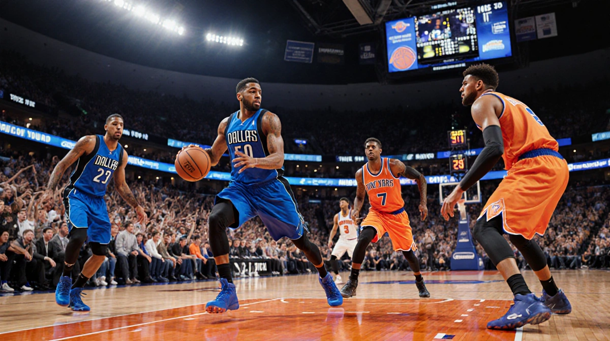 Dallas Mavericks players dribbling and passing with frustrated Knicks fans reacting and game clock counting down