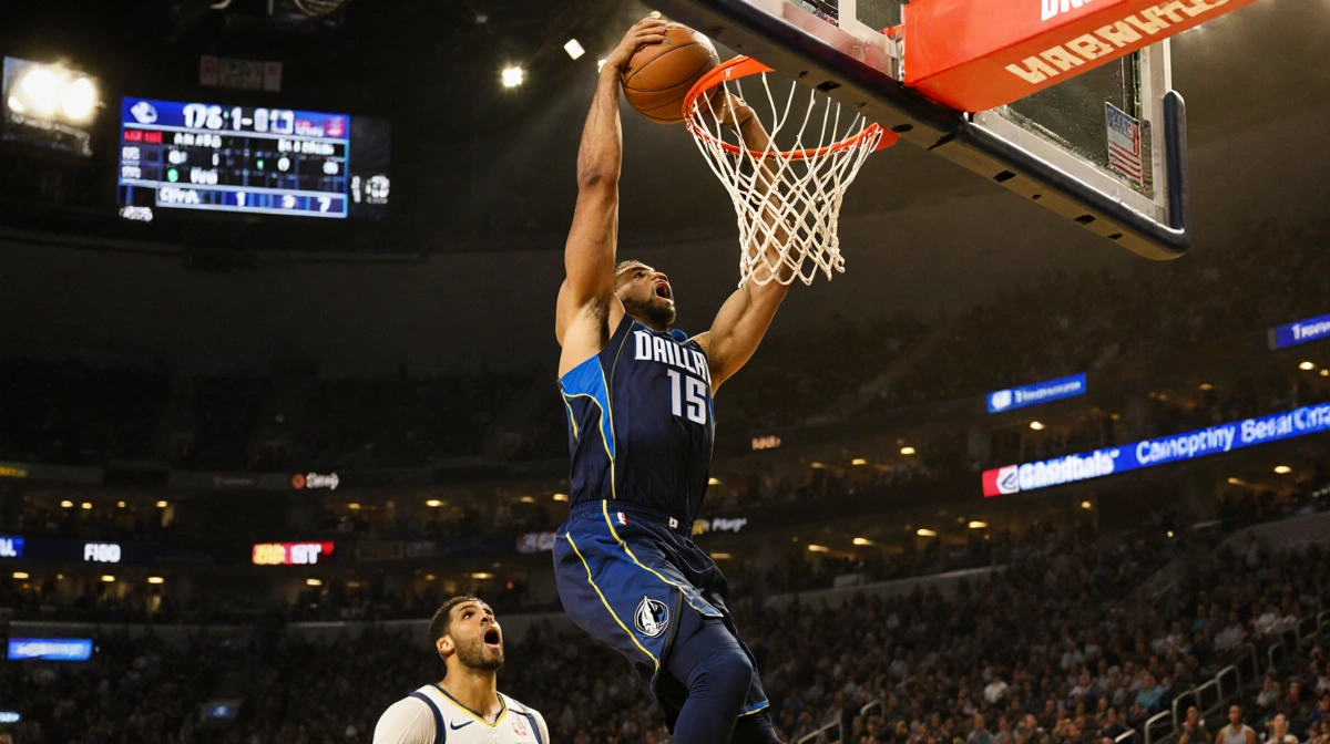 Max Christie dunking with golden glow and scoreboard 106-101 clock 1:07 and Anthony Davis watching