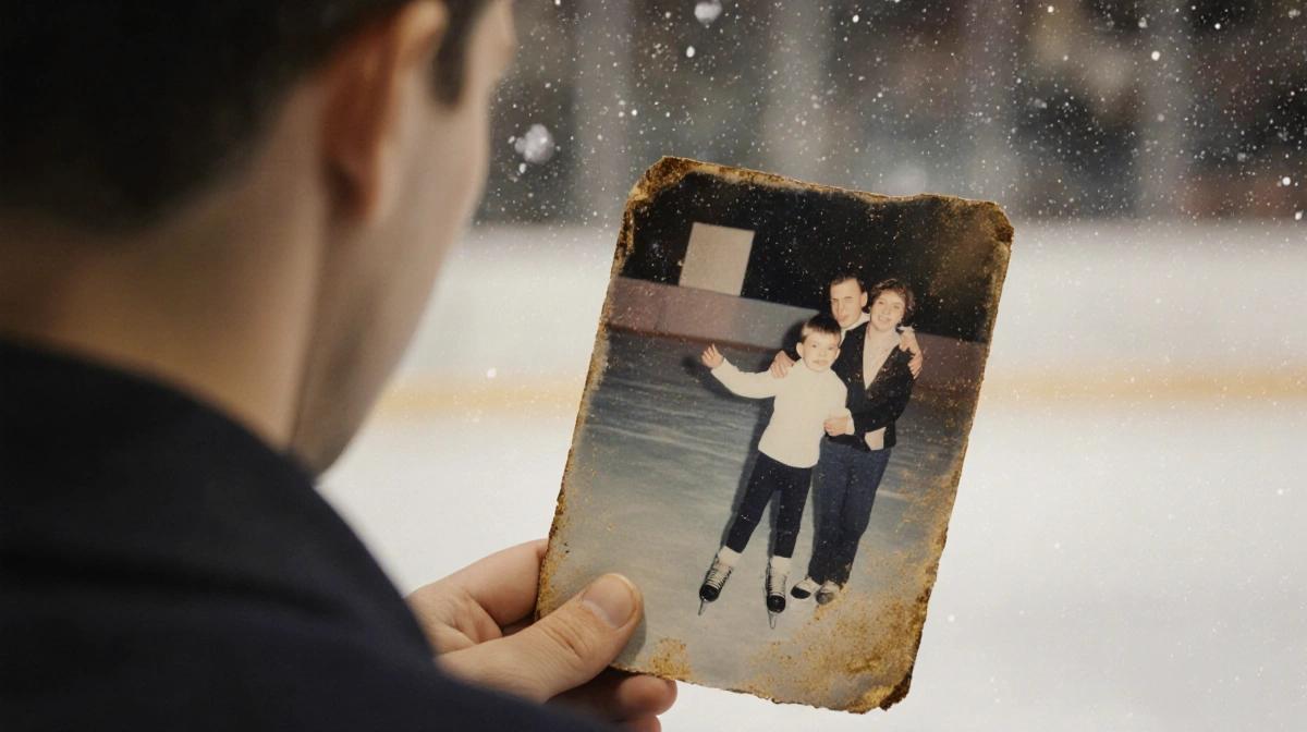 Maxim Naumov embracing parents while holding childhood skating photo with warm nostalgic lighting and blurred background