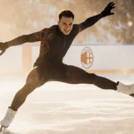 Figure skater leaping across the ice with golden lighting and Milan signet ring visible through winter fog