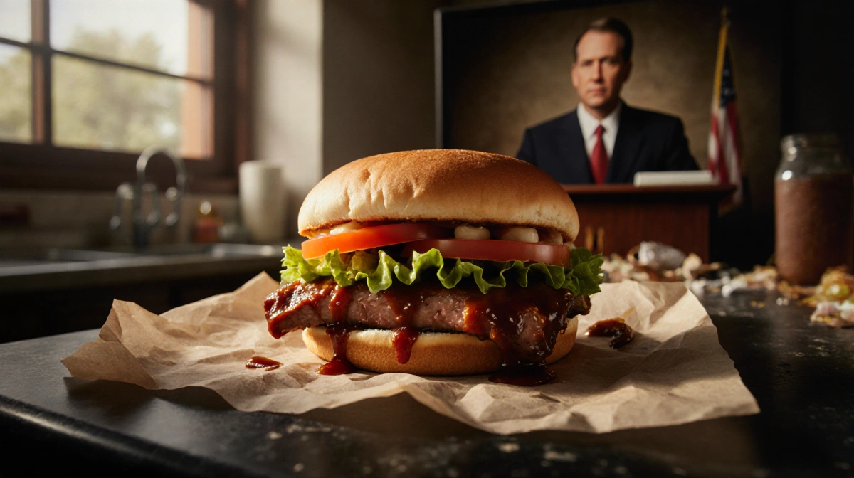 McRib sandwich sits on cluttered kitchen counter with BBQ sauce and fresh lettuce and a blurred courtroom behind