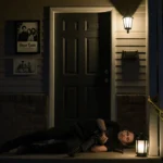 Man lies motionless on porch with rifle clutched and police tape cordoning front door and crime scene and lantern glow