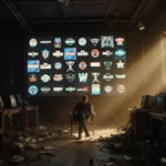 Critic sits alone in cluttered TV studio with MCU show logos on screen and golden light through windows