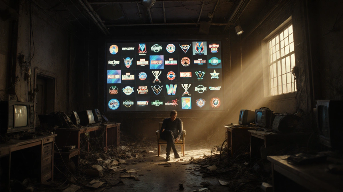 Critic sits alone in cluttered TV studio with MCU show logos on screen and golden light through windows