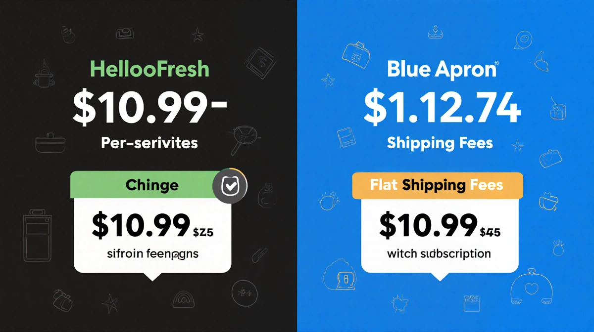 Infographic comparing two meal kits side by side with price ranges for HelloFresh and Blue Apron and shipping fee icons