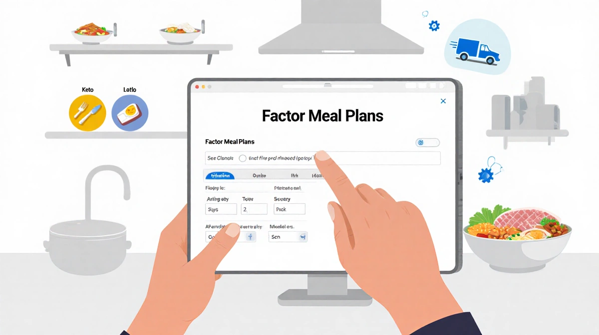 Person customizing a meal plan on a laptop with Factor Meal Plans screen and kitchen background showing meals and keto icons