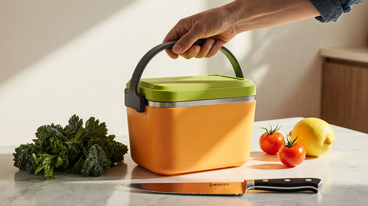 Meal prep box sits on kitchen counter with fresh kale cherry tomatoes and a gleaming Zwilling knife