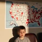 Child sits with worried expression with thermometer and map of measles outbreak in Texas and other states.