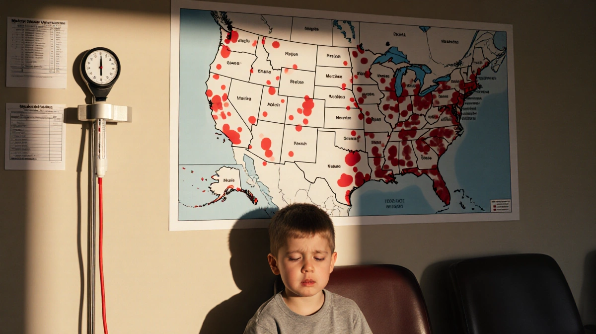 Child sits with worried expression with thermometer and map of measles outbreak in Texas and other states.