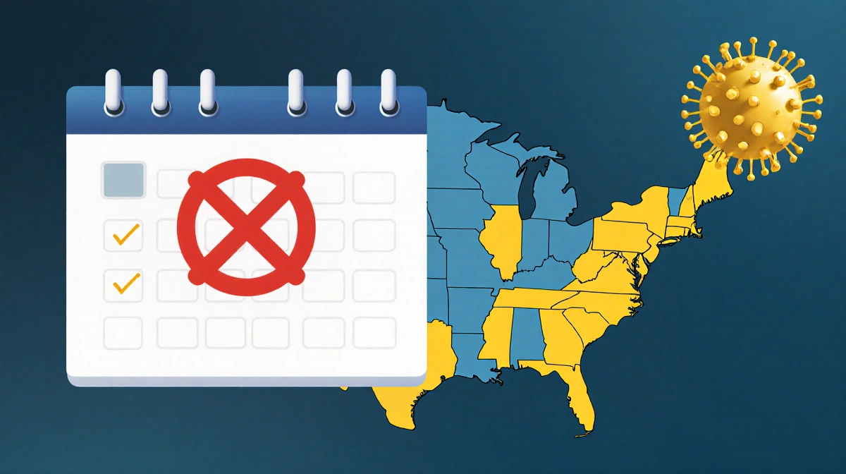 Calendar timeline with red X crossing it and a US map background highlighting states and a faint measles virus in corner.