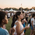 People hold measles vaccine vials with concerned expressions at crowded outdoor festival near sunset