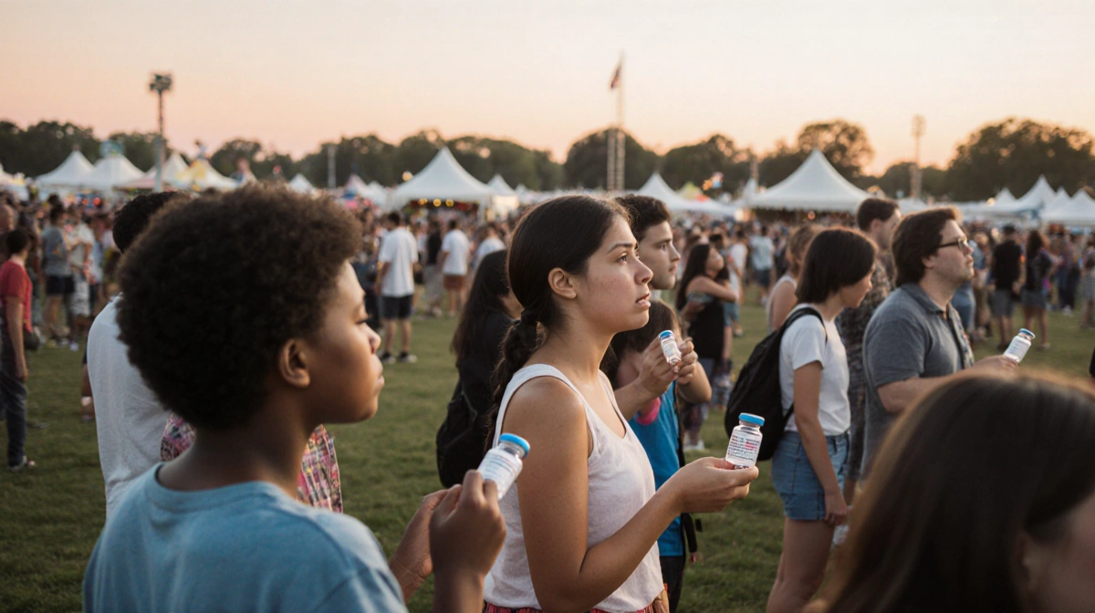 People hold measles vaccine vials with concerned expressions at crowded outdoor festival near sunset