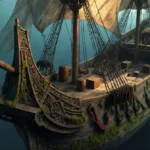 Medieval shipwreck rests partially submerged with moss-covered hull and weathered sails glowing in sunlight