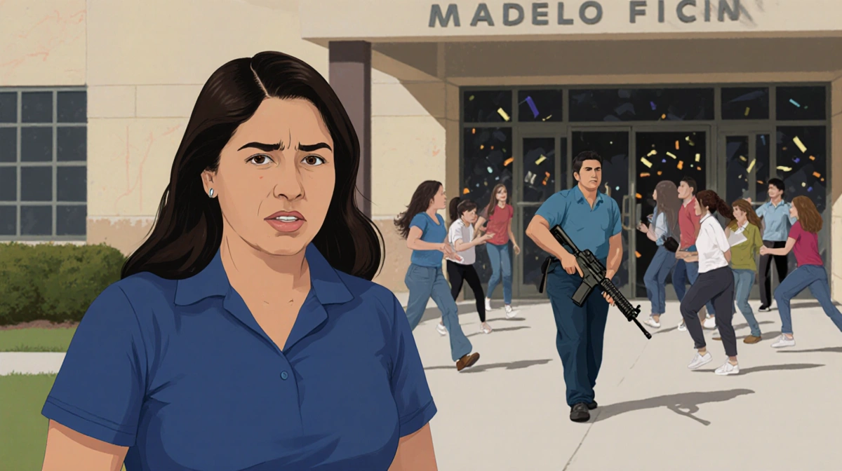 Melody Flores stands outside school with alarmed expression as armed figure approaches entrance with students fleeing behind