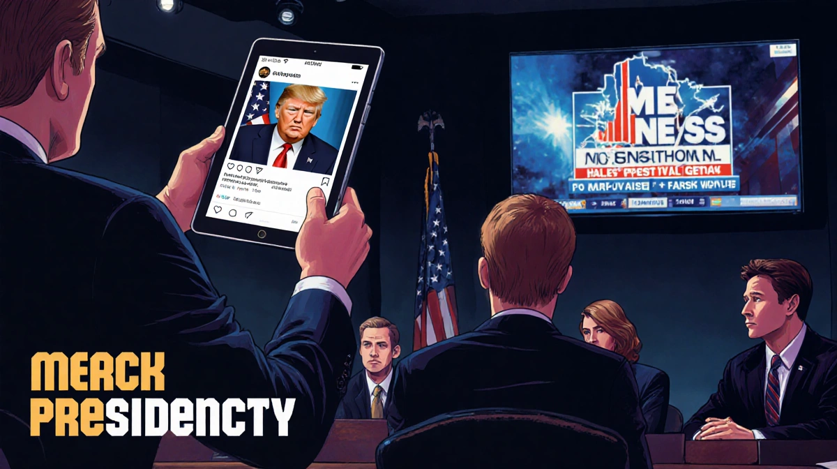 Congressional staffer holds up tablet with Trump meme while unimpressed colleague watches with Fox News on giant screen