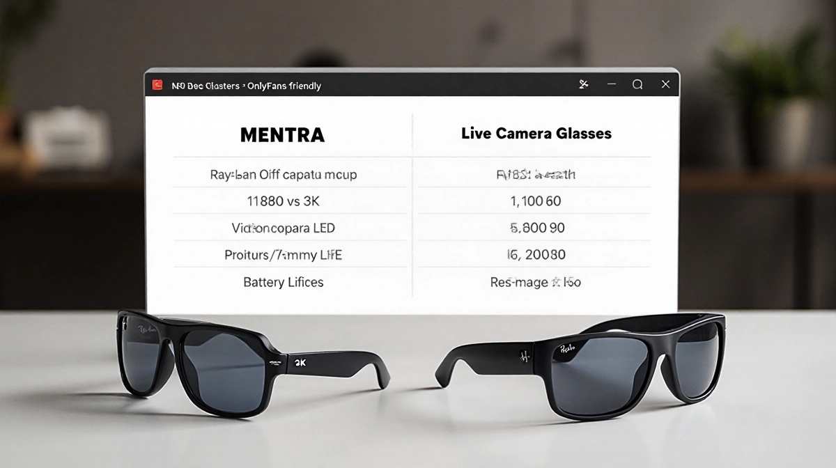 Computer screen compares MENTRA Live Camera Glasses with Ray-Ban Meta Gen 2 showing 3K video quality and longer battery life