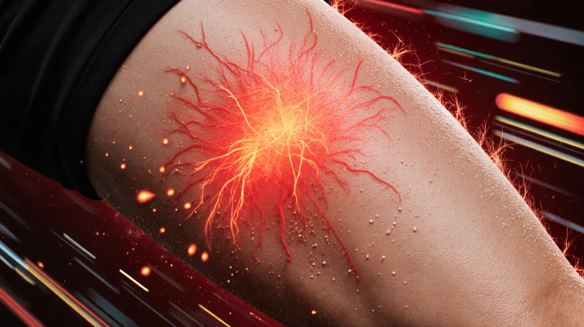 Person's thigh turning bright red with visible capillaries and sweat showing allergic reaction to vibration plate exercise