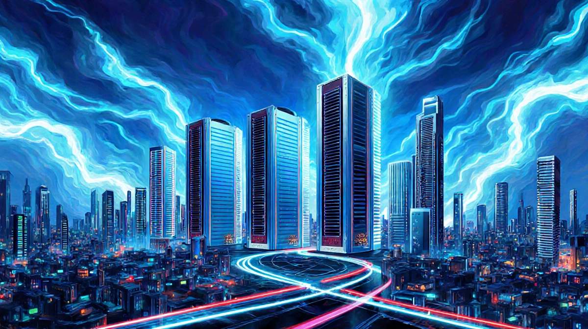 Futuristic metropolis expands with towering server farms and glowing blue energy conduits showing massive data center infrast