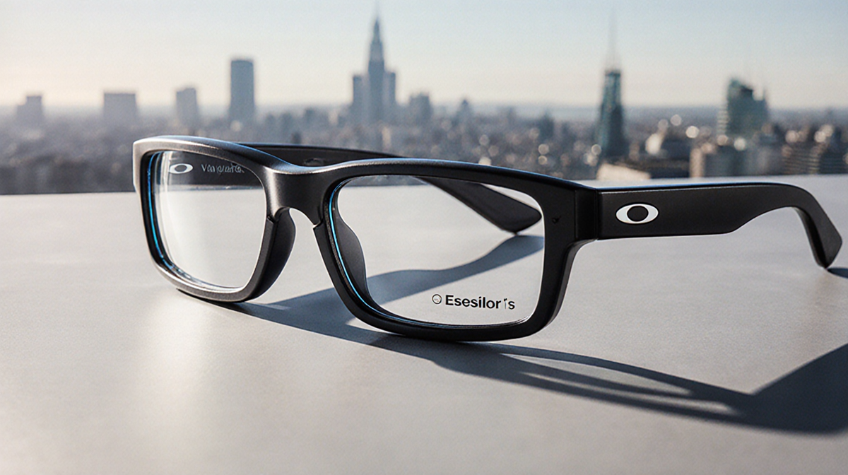 Oakley Vanguards smart glasses display sleek design with urban skyline backdrop and subtle EssilorLuxottica logo.