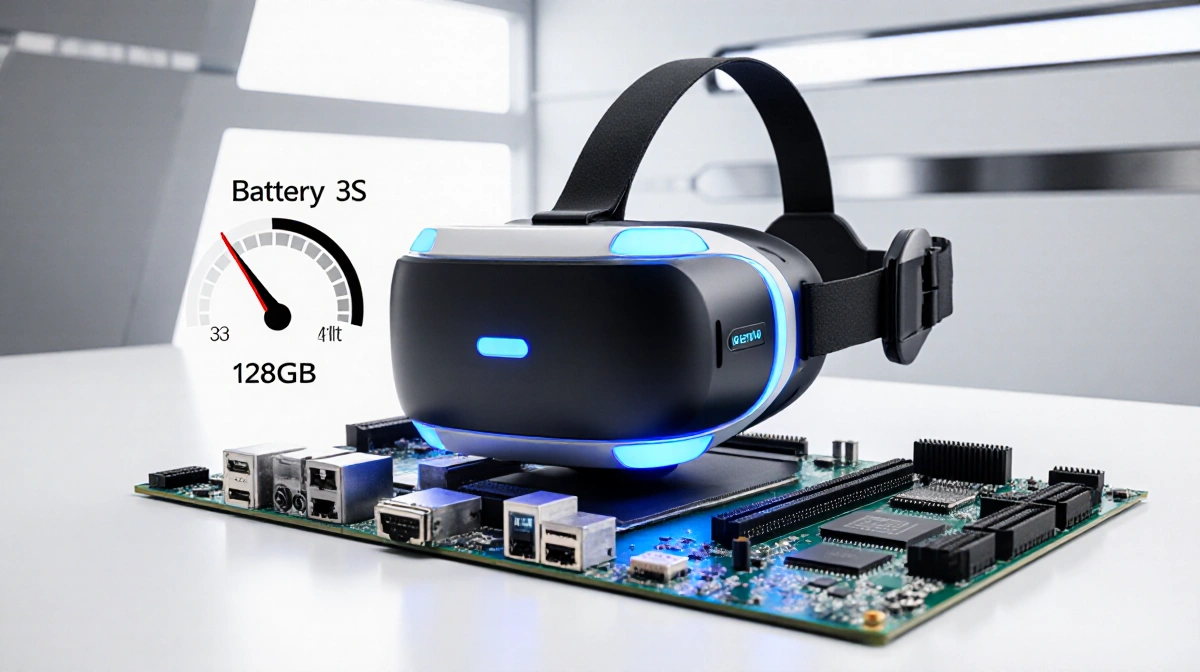 Meta Quest 3S headset resting on futuristic CPU board with soft blue lights and battery gauge showing 3 hours.